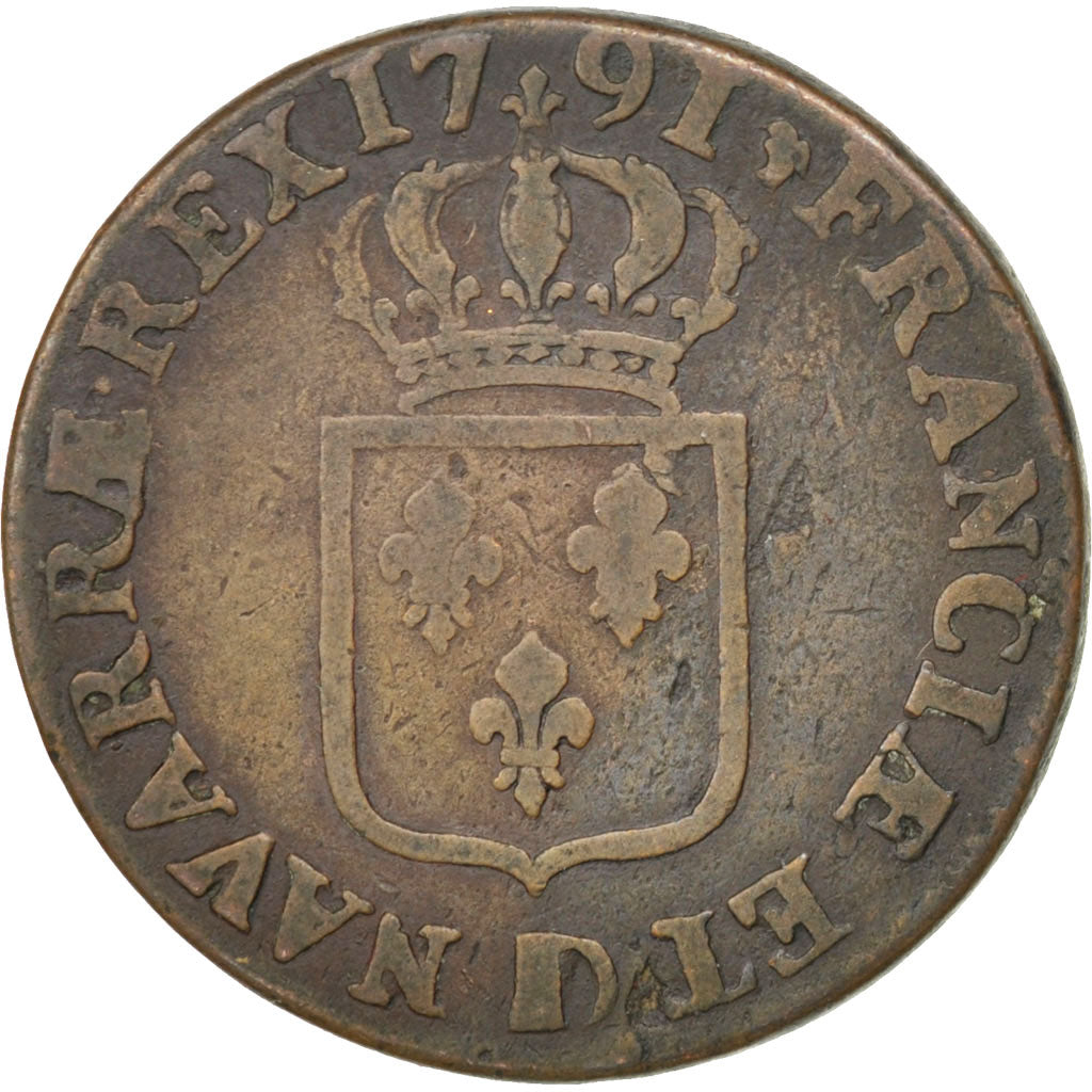 Monnaie, France, Louis XVI, Sol ou sou, Sol, 1791, Lyon, TTB, Cuivre, KM:578.5