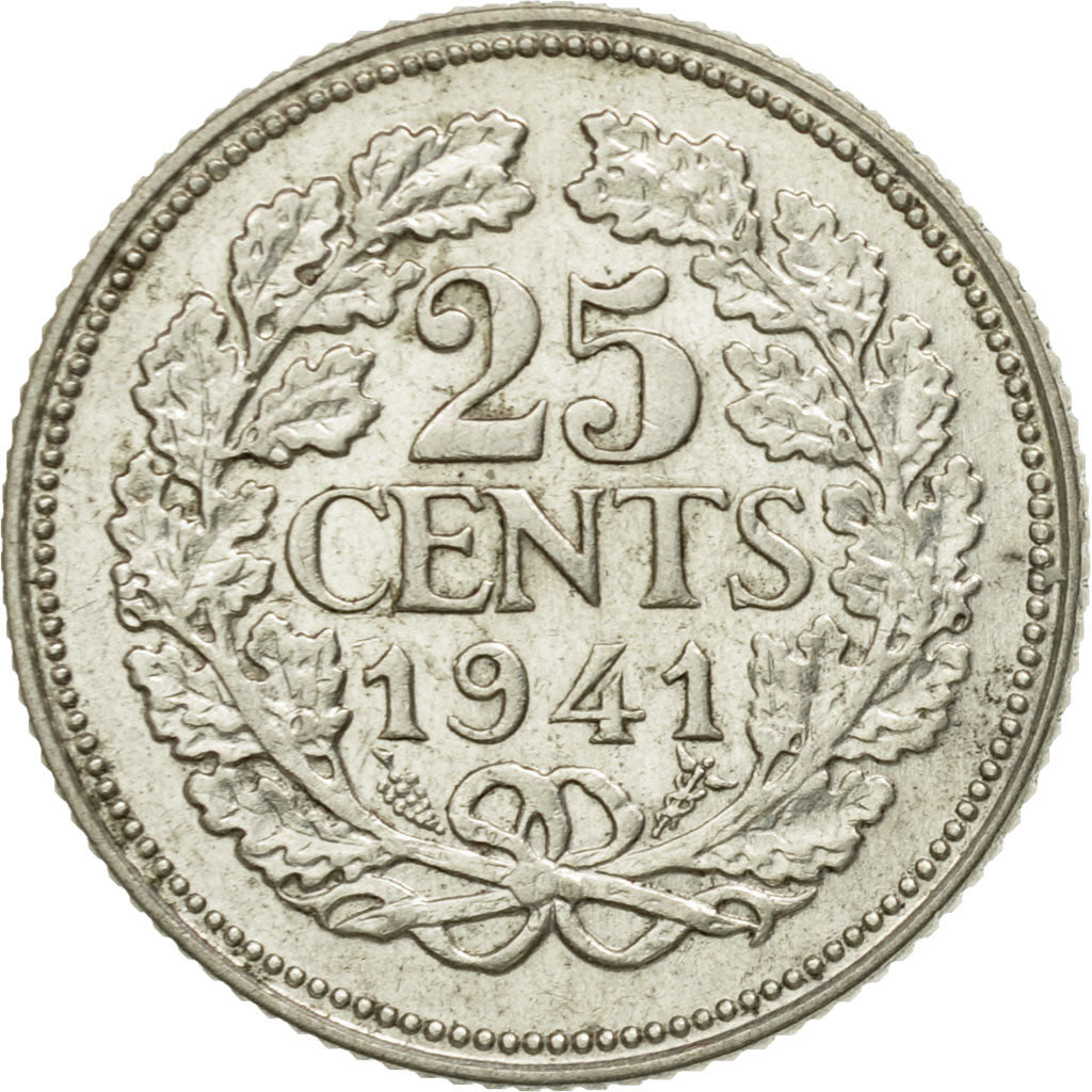 Coin, Netherlands, Wilhelmina I, 25 Cents, 1941, AU(55-58), Silver, KM:164