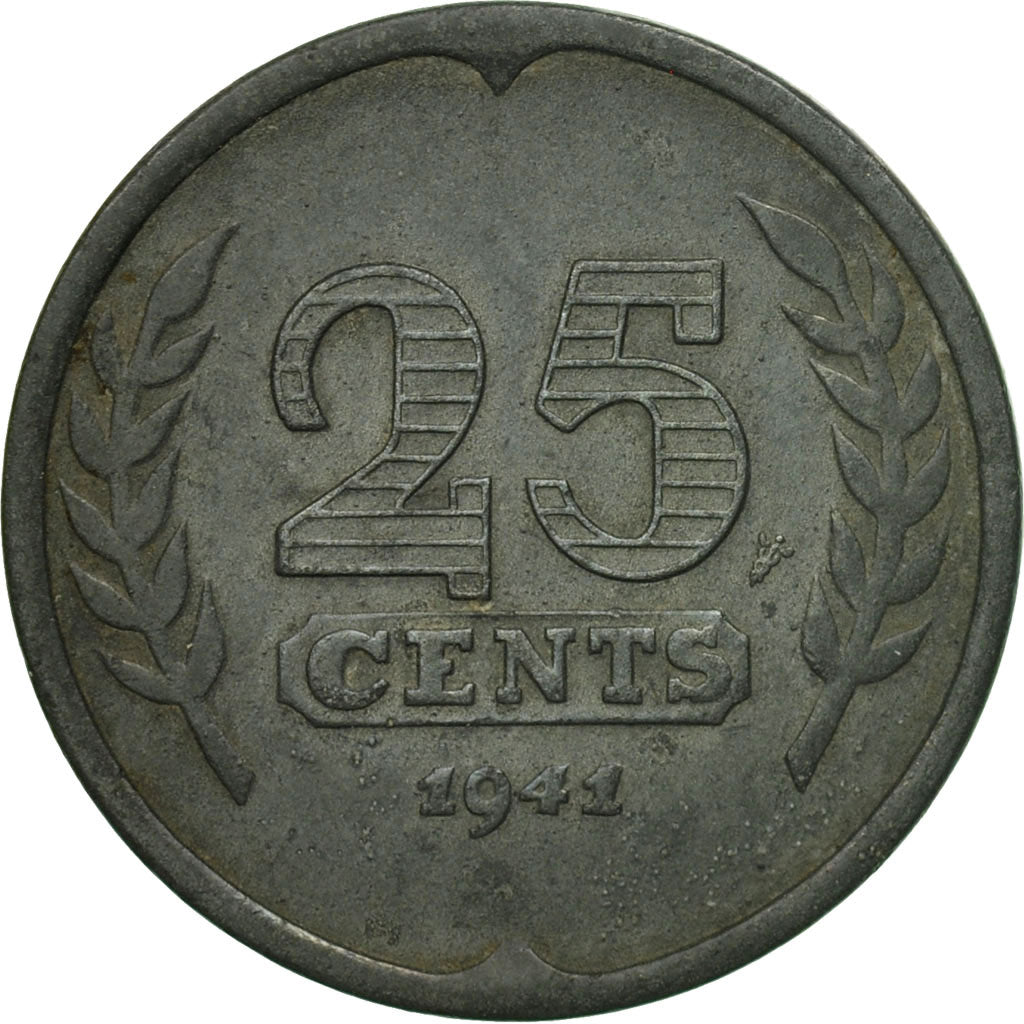 Moneta, Paesi Bassi, Wilhelmina I, 25 Cents, 1941, BB, Zinco, KM:174