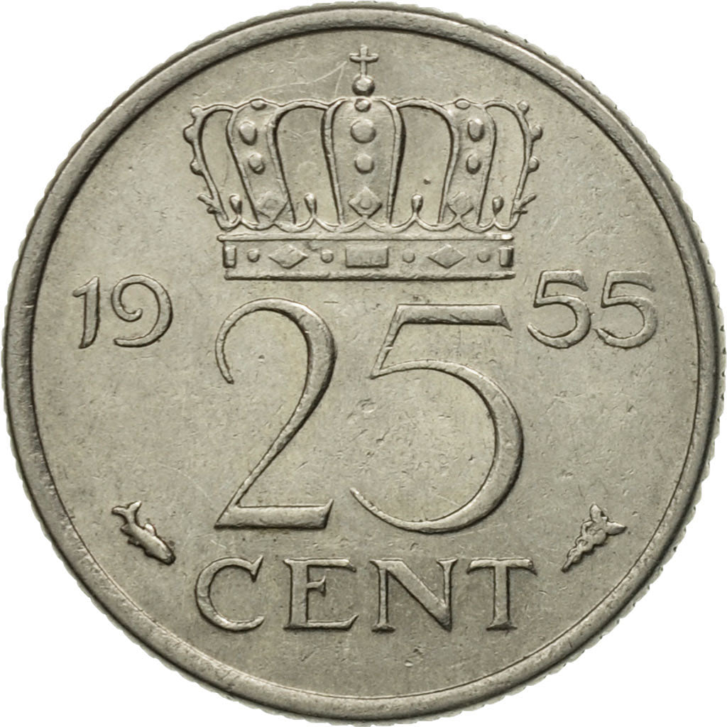 Coin, Netherlands, Juliana, 25 Cents, 1955, AU(50-53), Nickel, KM:183