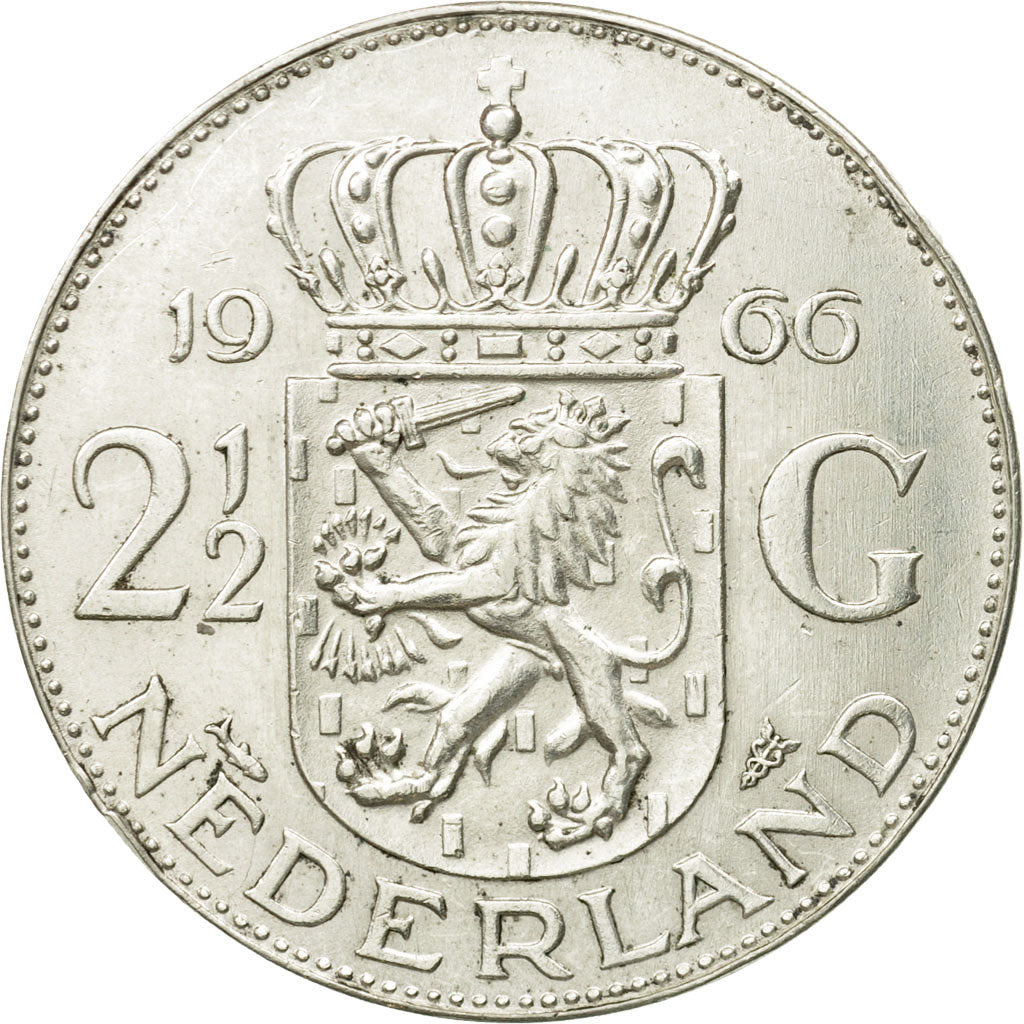 Coin, Netherlands, Juliana, 2-1/2 Gulden, 1966, AU(55-58), Silver, KM:185
