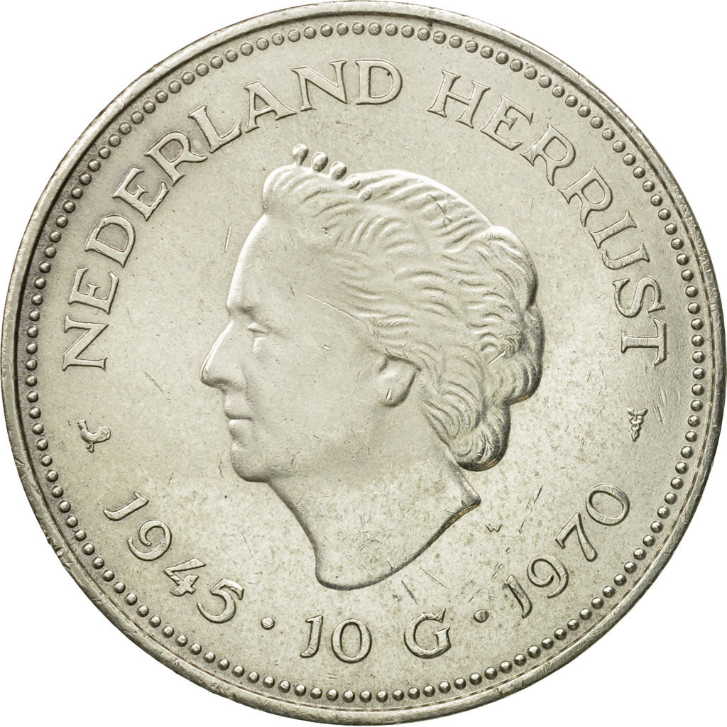 Coin, Netherlands, Juliana, 10 Gulden, 1970, MS(63), Silver, KM:195