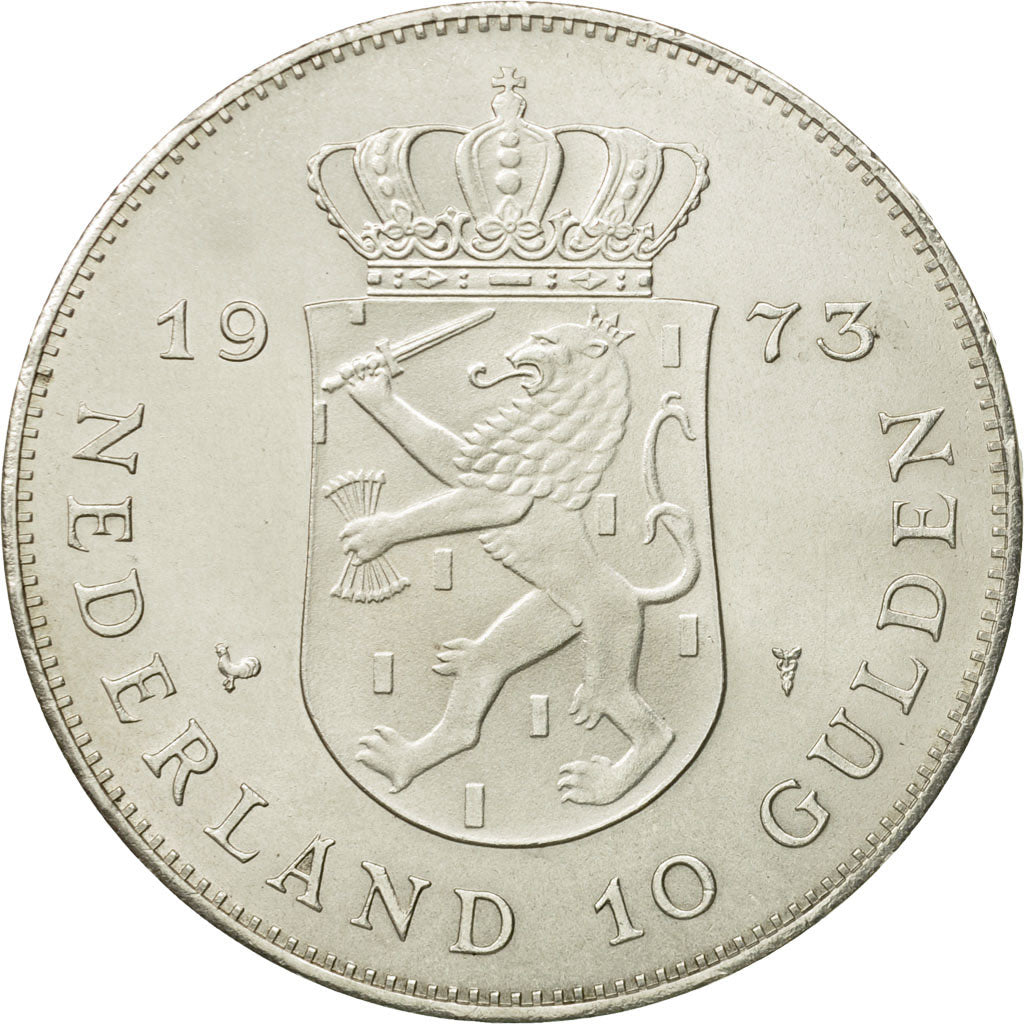 Coin, Netherlands, Juliana, 10 Gulden, 1973, MS(63), Silver, KM:196