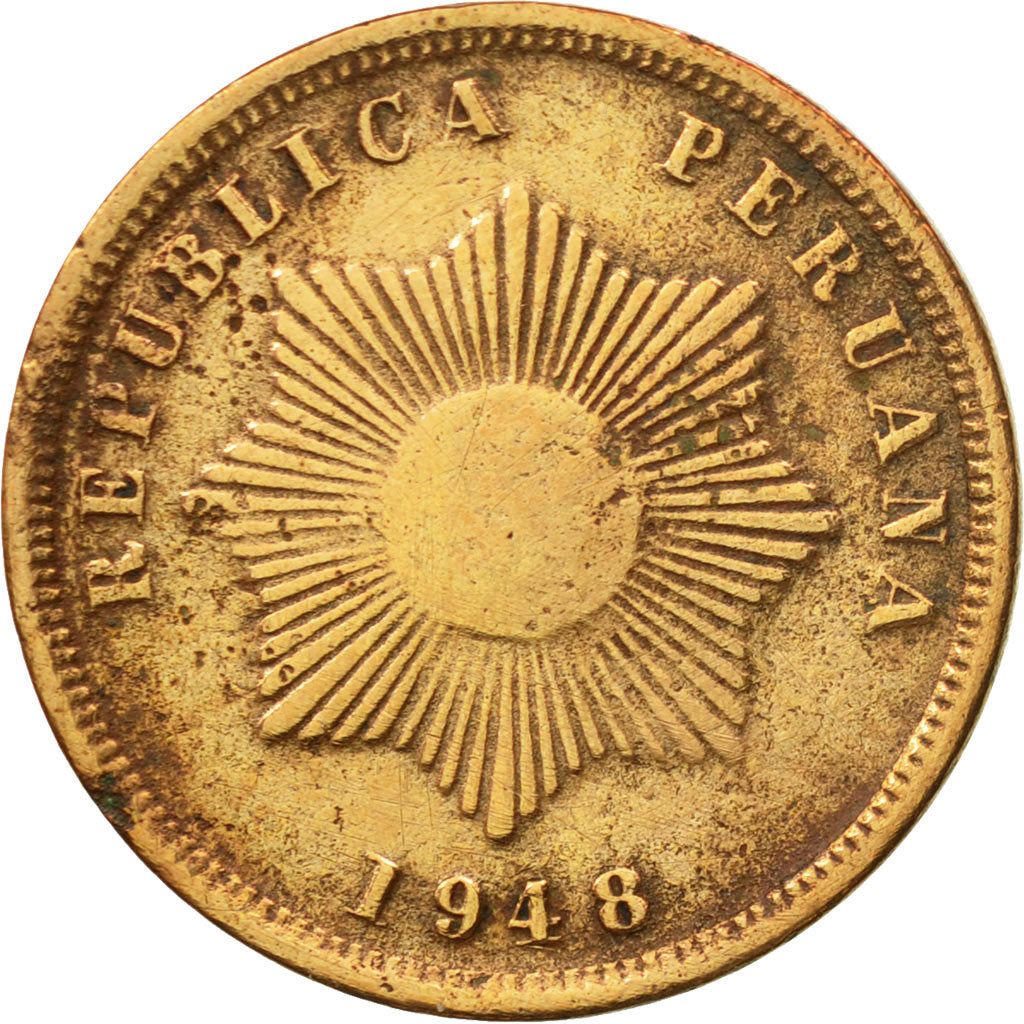Moneda, Perú, 2 Centavos, 1948, Lima, MBC, Cobre o bronce, KM:212.2