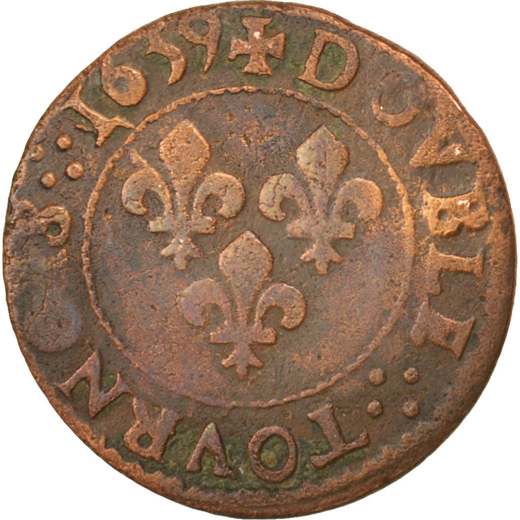 Moneta, Francja, Louis XIII, Double tournois, buste laurée et drapé, Double