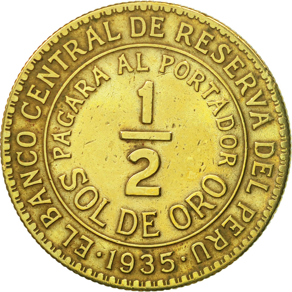 Moneda, Perú, 1/2 Sol, 1935, London, BC+, Latón, KM:220.1