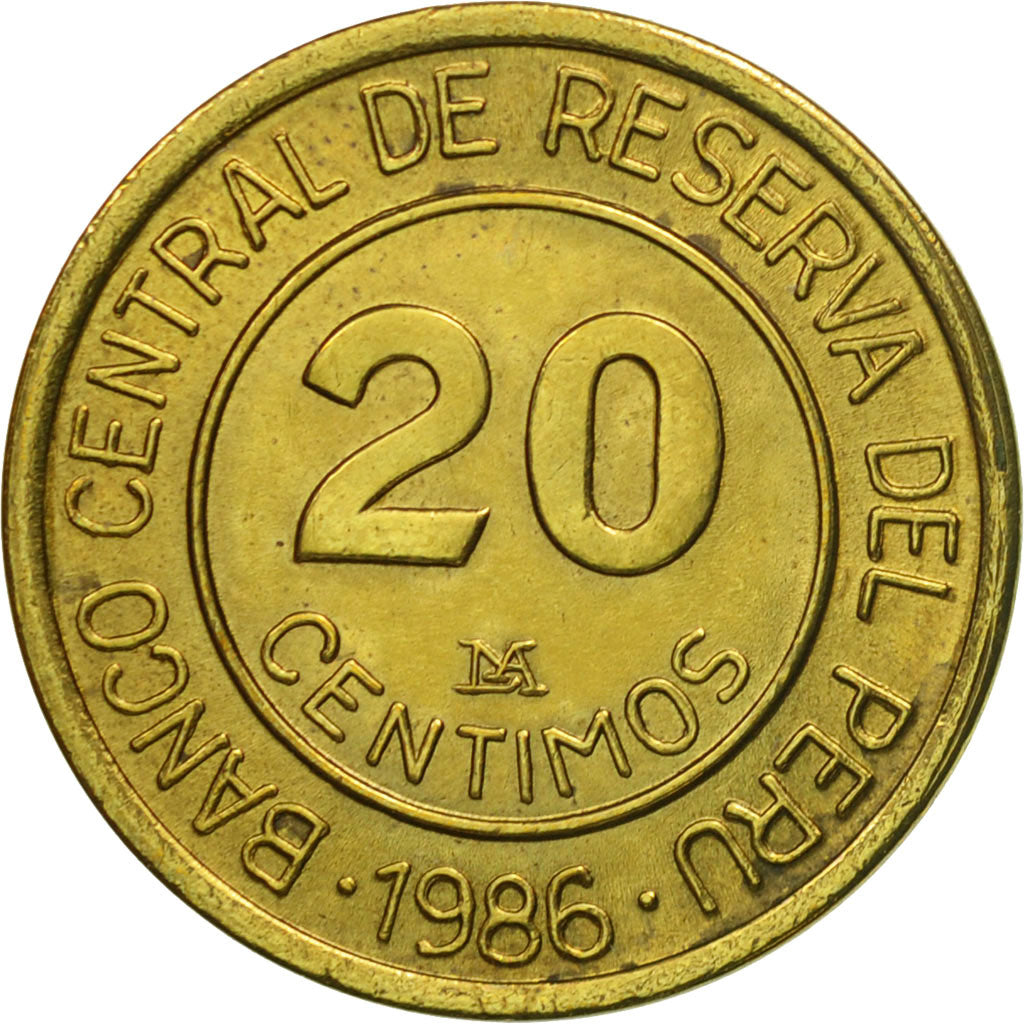 Moneta, Peru, 20 Centimos, 1986, Lima, AU(55-58), Mosiądz, KM:294