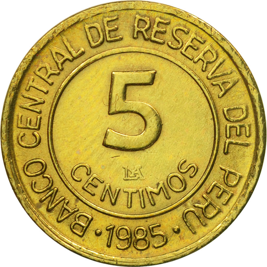 Coin, Peru, 5 Centimos, 1985, Lima, AU(55-58), Brass, KM:292