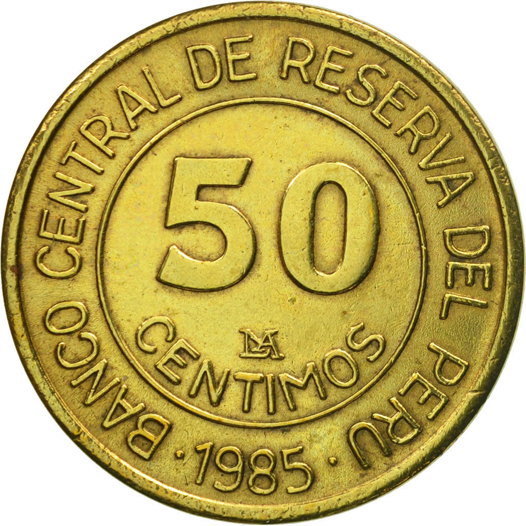 Coin, Peru, 50 Centimos, 1985, Lima, AU(55-58), Brass, KM:295