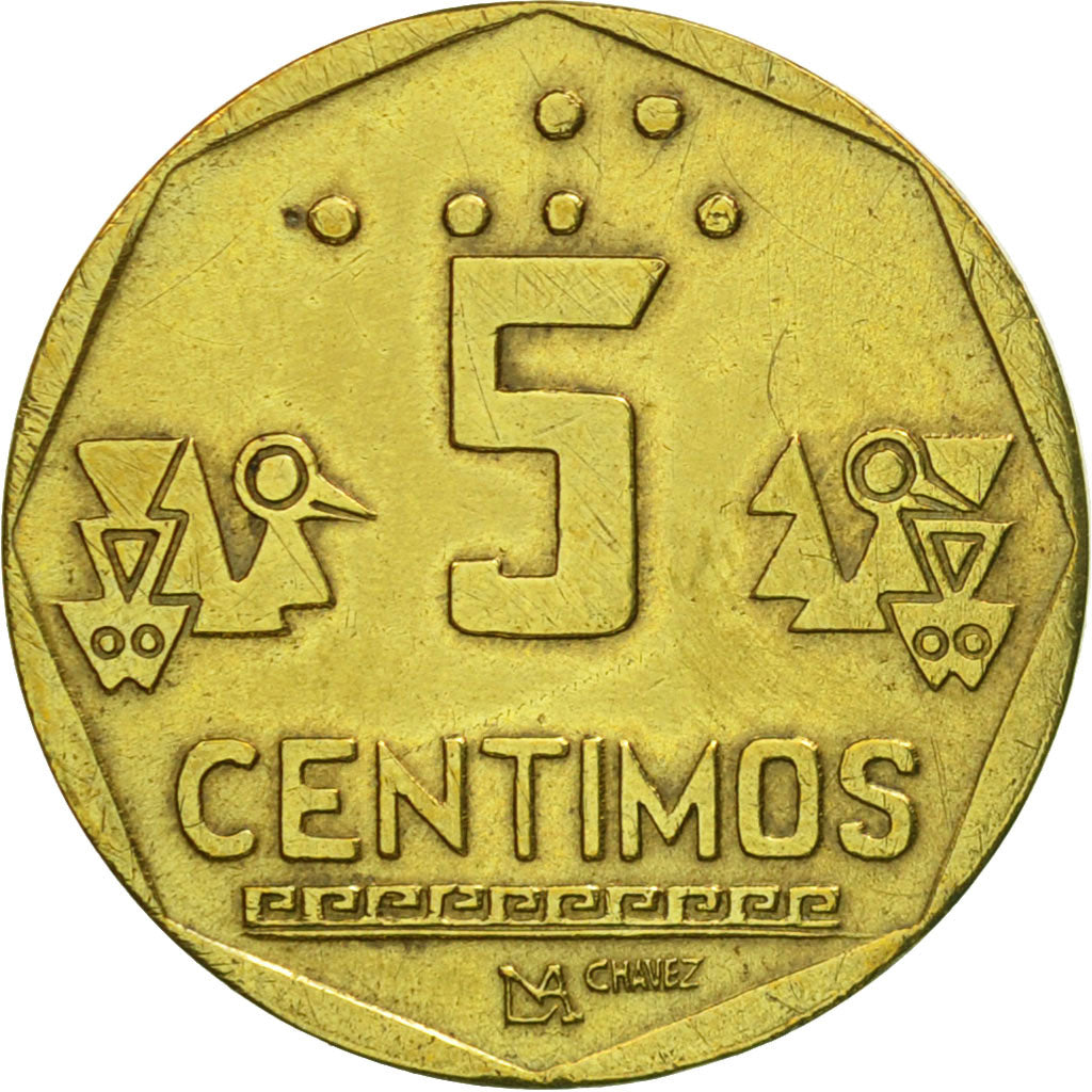 Coin, Peru, 5 Centimos, 1991, Lima, AU(55-58), Brass, KM:304.1