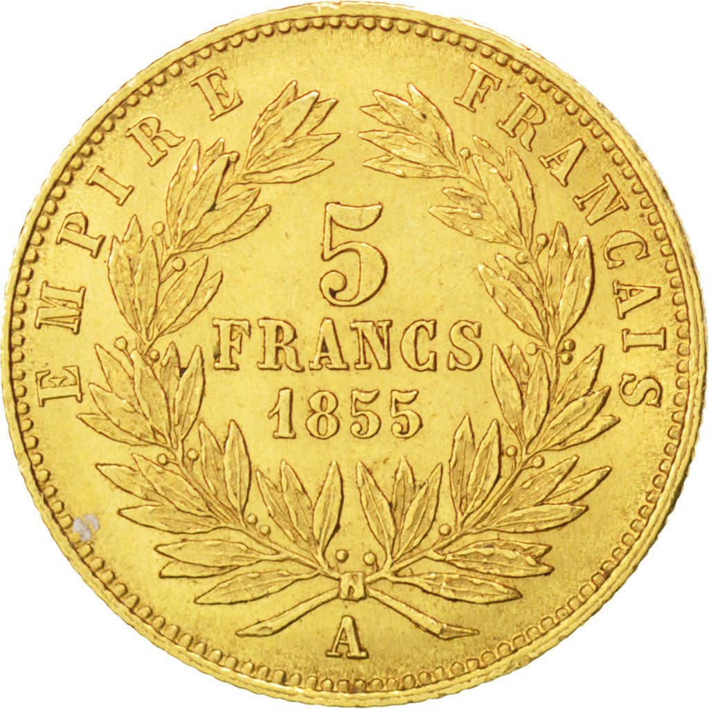 FRANCE, Napoléon III, 5 Francs, 1855, Paris, KM #783, MS(60-62), Gold, 14.4, G..
