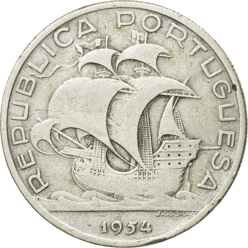 Coin, Portugal, 10 Escudos, 1954, VF(20-25), Silver, KM:586