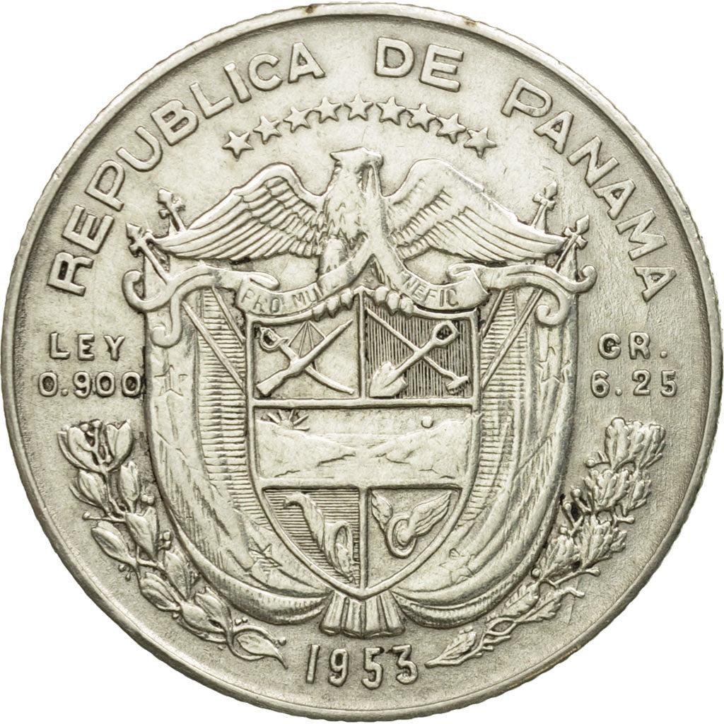 Coin, Panama, 1/4 Balboa, 1953, AU(55-58), Silver, KM:19
