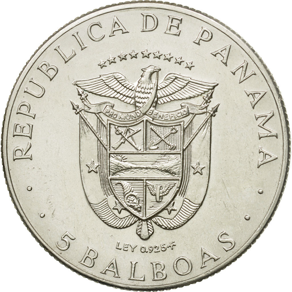 Coin, Panama, 5 Balboas, 1970, U.S. Mint, MS(63), Silver, KM:28