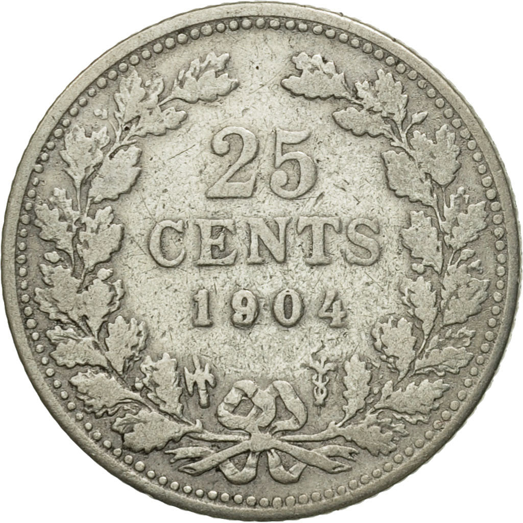 Coin, Netherlands, Wilhelmina I, 25 Cents, 1904, VF(20-25), Silver, KM:120.2