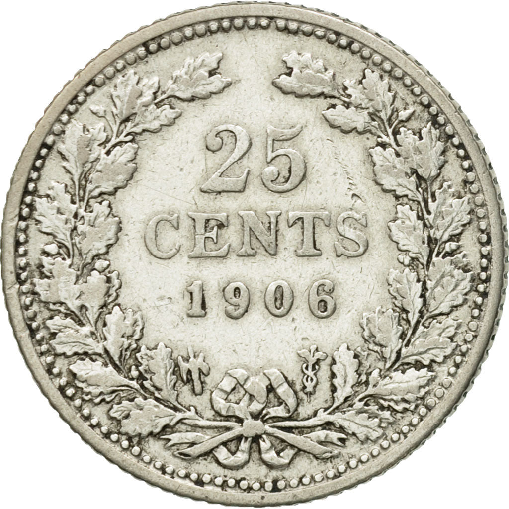 Coin, Netherlands, Wilhelmina I, 25 Cents, 1906, VF(30-35), Silver, KM:120.2