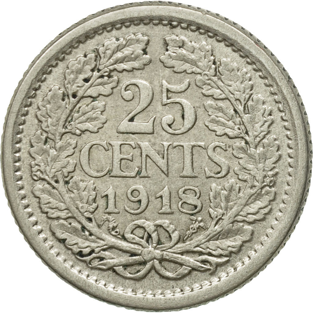 Coin, Netherlands, Wilhelmina I, 25 Cents, 1918, AU(50-53), Silver, KM:146