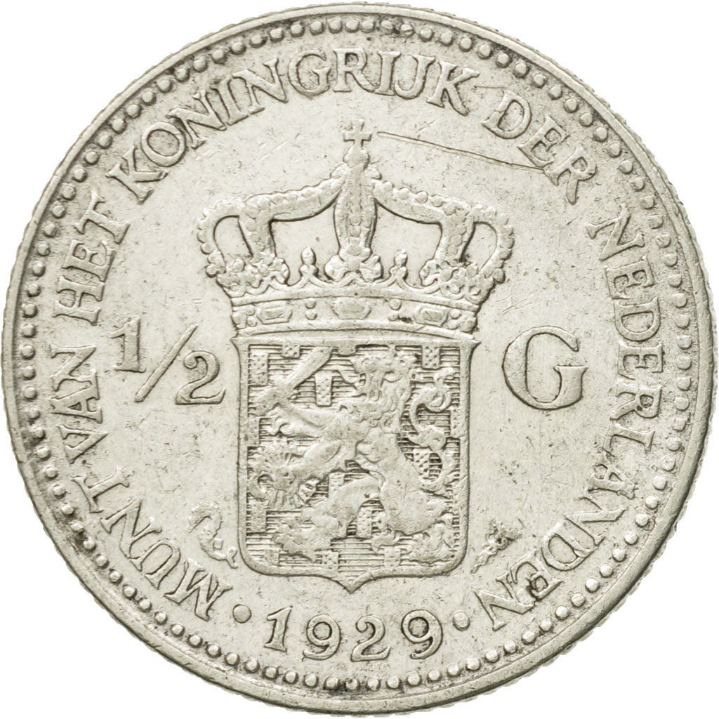 Coin, Netherlands, Wilhelmina I, 1/2 Gulden, 1929, EF(40-45), Silver, KM:160