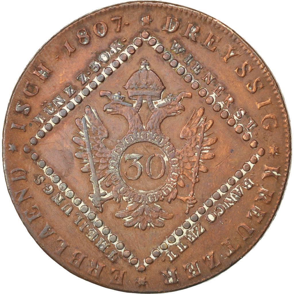 AUSTRIA, 30 Kreuzer, 1807, Kremnitz, KM #2149, VF(30-35), Copper, 37.5, 18.50