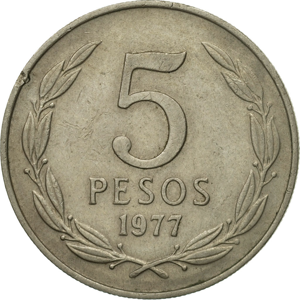 Moneta, Cile, 5 Pesos, 1977, BB, Rame-nichel, KM:209