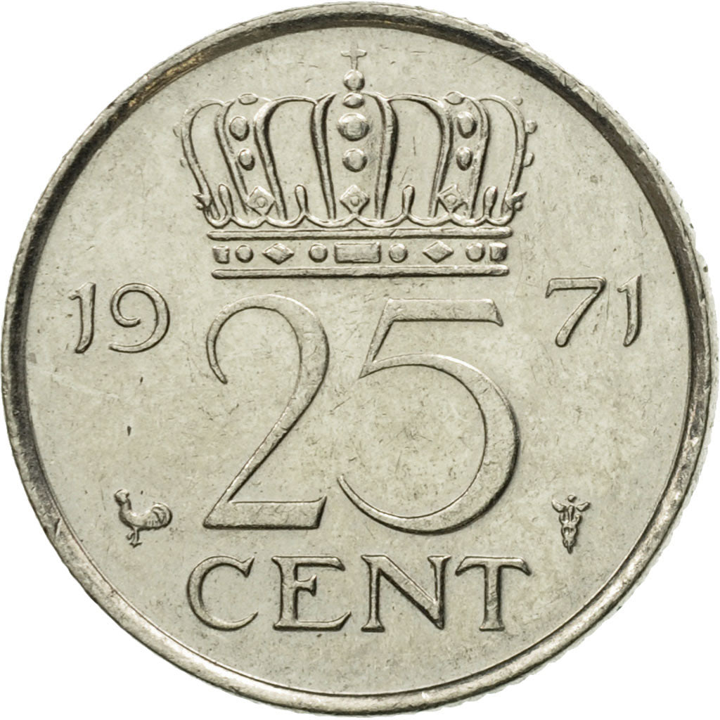 Coin, Netherlands, Juliana, 25 Cents, 1971, AU(50-53), Nickel, KM:183