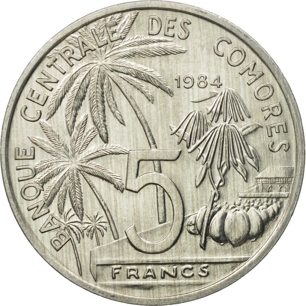 Coin, Comoros, 5 Francs, 1984, Paris, MS(60-62), Aluminum, KM:15