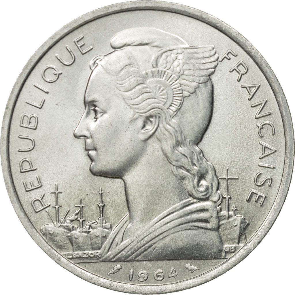 Coin, Comoros, 5 Francs, 1964, Paris, MS(60-62), Aluminum, KM:6