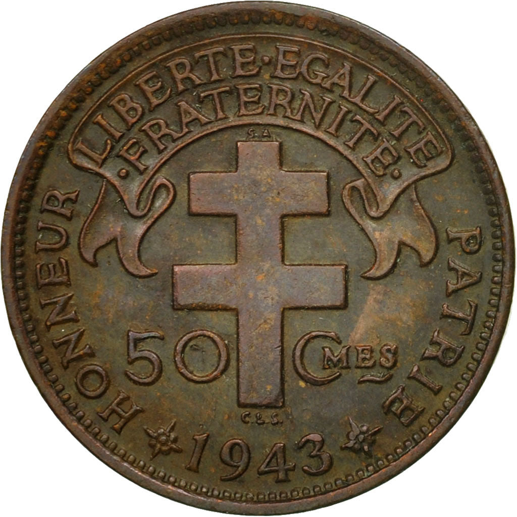 Coin, French Equatorial Africa, 50 Centimes, 1943, Pretoria, EF(40-45), Bronze