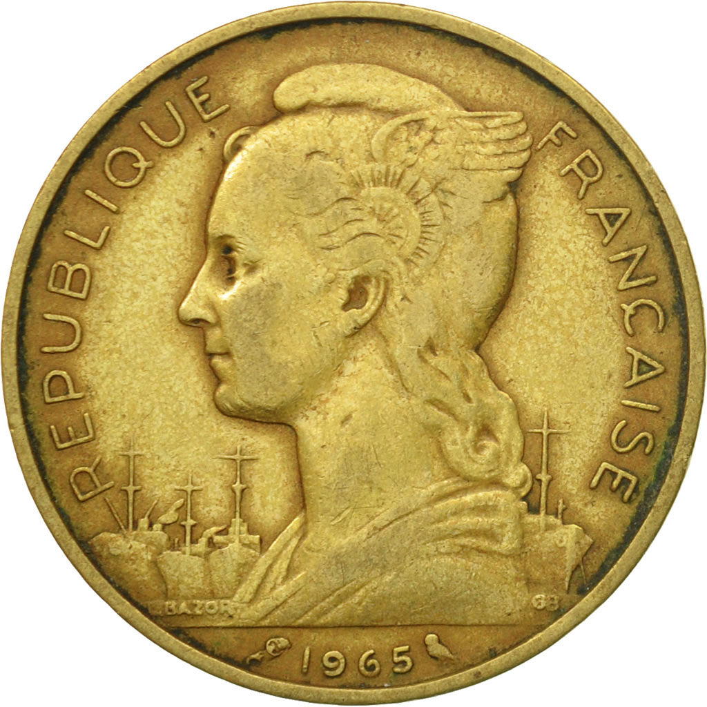 Coin, French Somaliland, 20 Francs, 1965, Paris, EF(40-45), Aluminum-Bronze