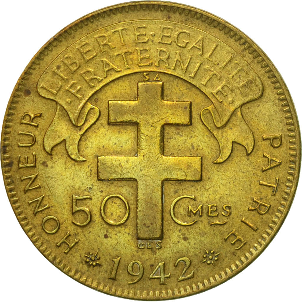 Coin, French Equatorial Africa, 50 Centimes, 1942, Pretoria, EF(40-45), Brass