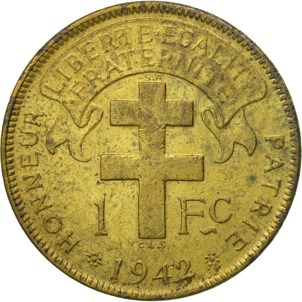 Coin, French Equatorial Africa, Franc, 1942, Pretoria, EF(40-45), Brass, KM:2