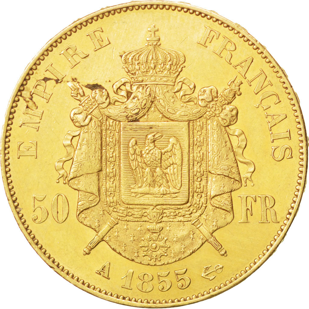 FRANCE, Napoléon III, 50 Francs, 1855, Paris, KM #785.1, AU(50-53), Gold, Gadour