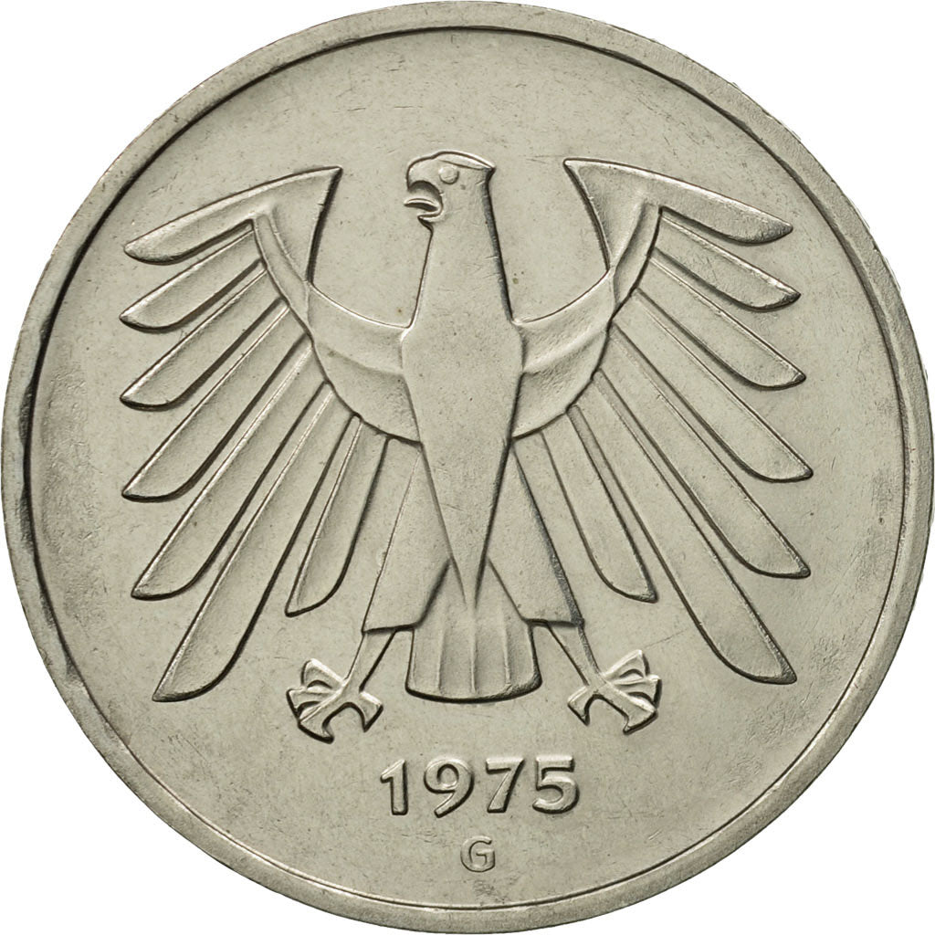 Coin, GERMANY - FEDERAL REPUBLIC, 5 Mark, 1975, Karlsruhe, AU(55-58)