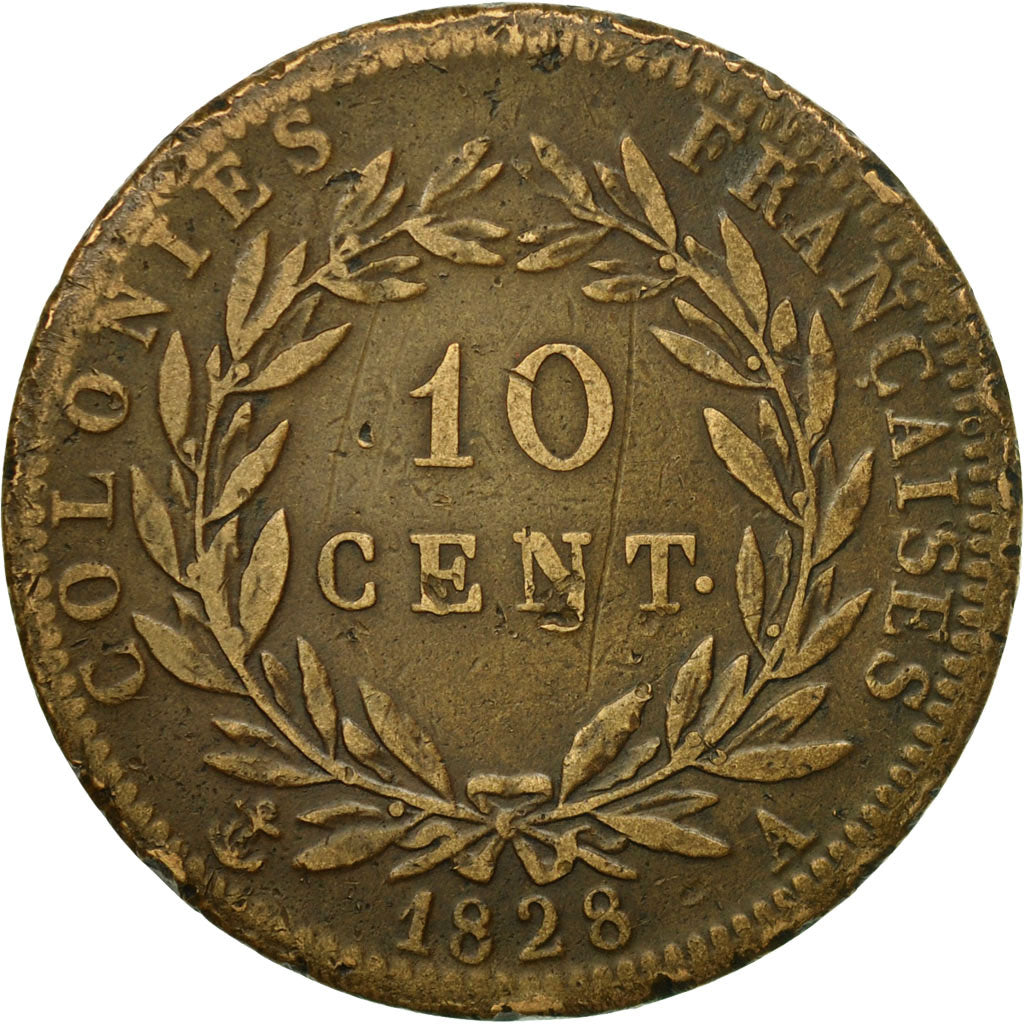 Coin, FRENCH COLONIES, Charles X, 10 Centimes, 1828, Paris, VF(30-35), Bronze