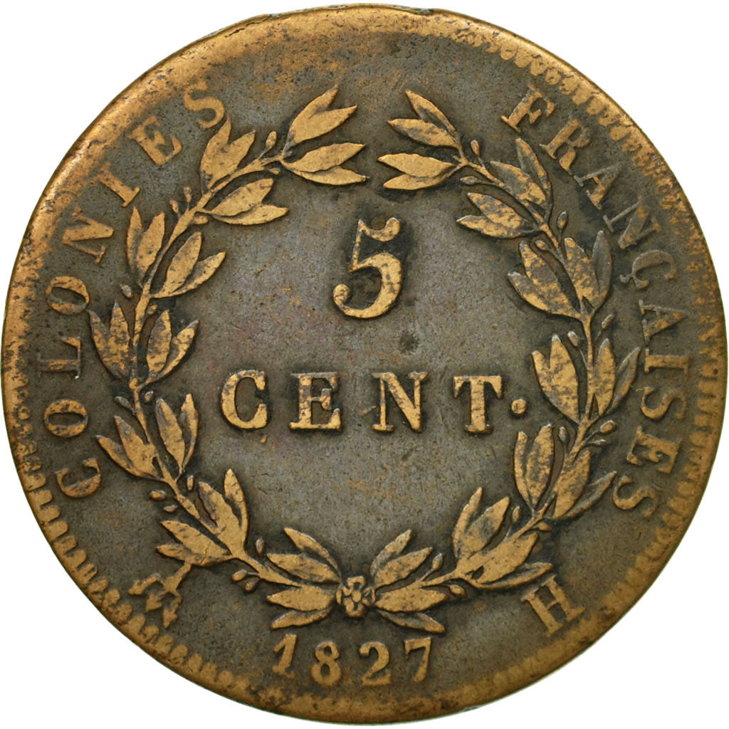 Coin, FRENCH COLONIES, Charles X, 5 Centimes, 1827, La Rochelle, VF(30-35)