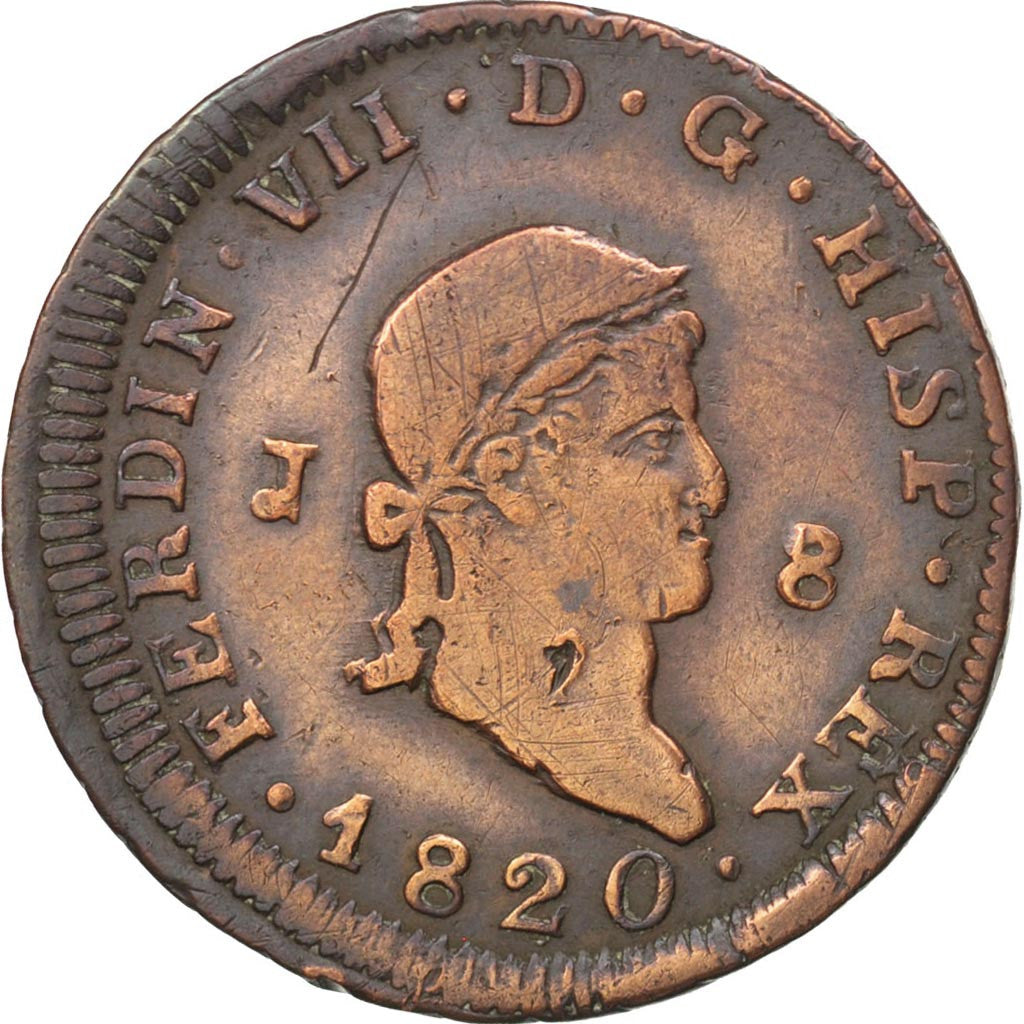 Moneda, España, Ferdinand VII, 8 Maravedis, 1820, Jubia, MBC, Cobre, KM:491