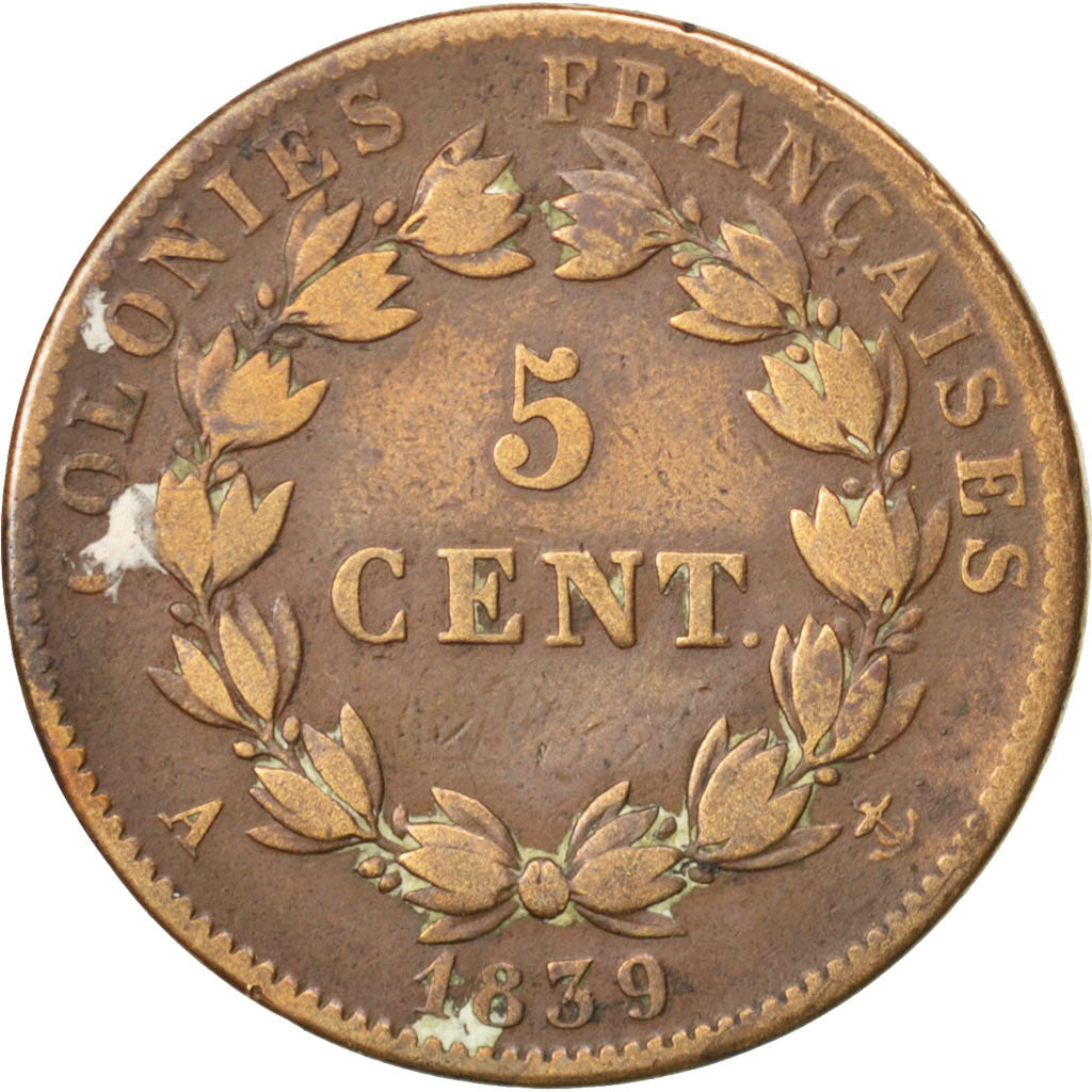 FRENCH COLONIES, 5 Centimes, 1839, Paris, KM #12, VF(20-25), Bronze, 9.88