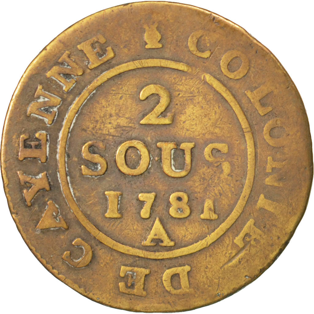 FRENCH GUIANA, 2 Sous, 1781, Paris, KM #1, VF(20-25), Billon, 23, 2.49