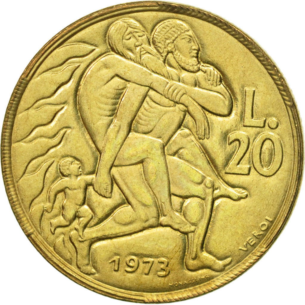 Moneta, San Marino, 20 Lire, 1973, Rome, MS(65-70), Aluminium-Brąz, KM:26