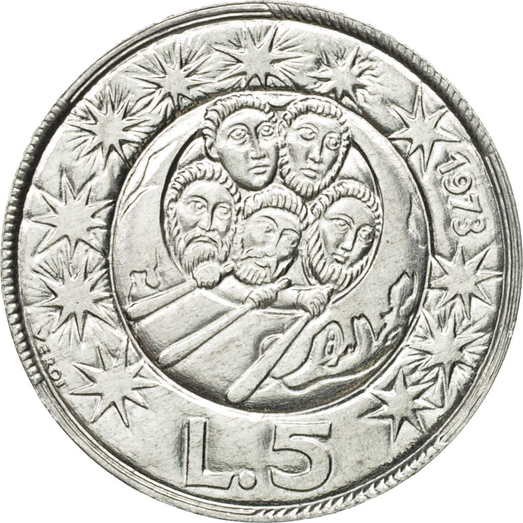 Coin, San Marino, 5 Lire, 1973, Rome, MS(65-70), Aluminum, KM:24