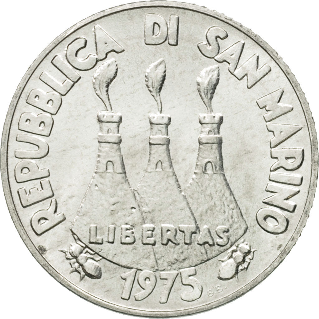 Coin, San Marino, 2 Lire, 1975, Rome, MS(63), Aluminum, KM:41