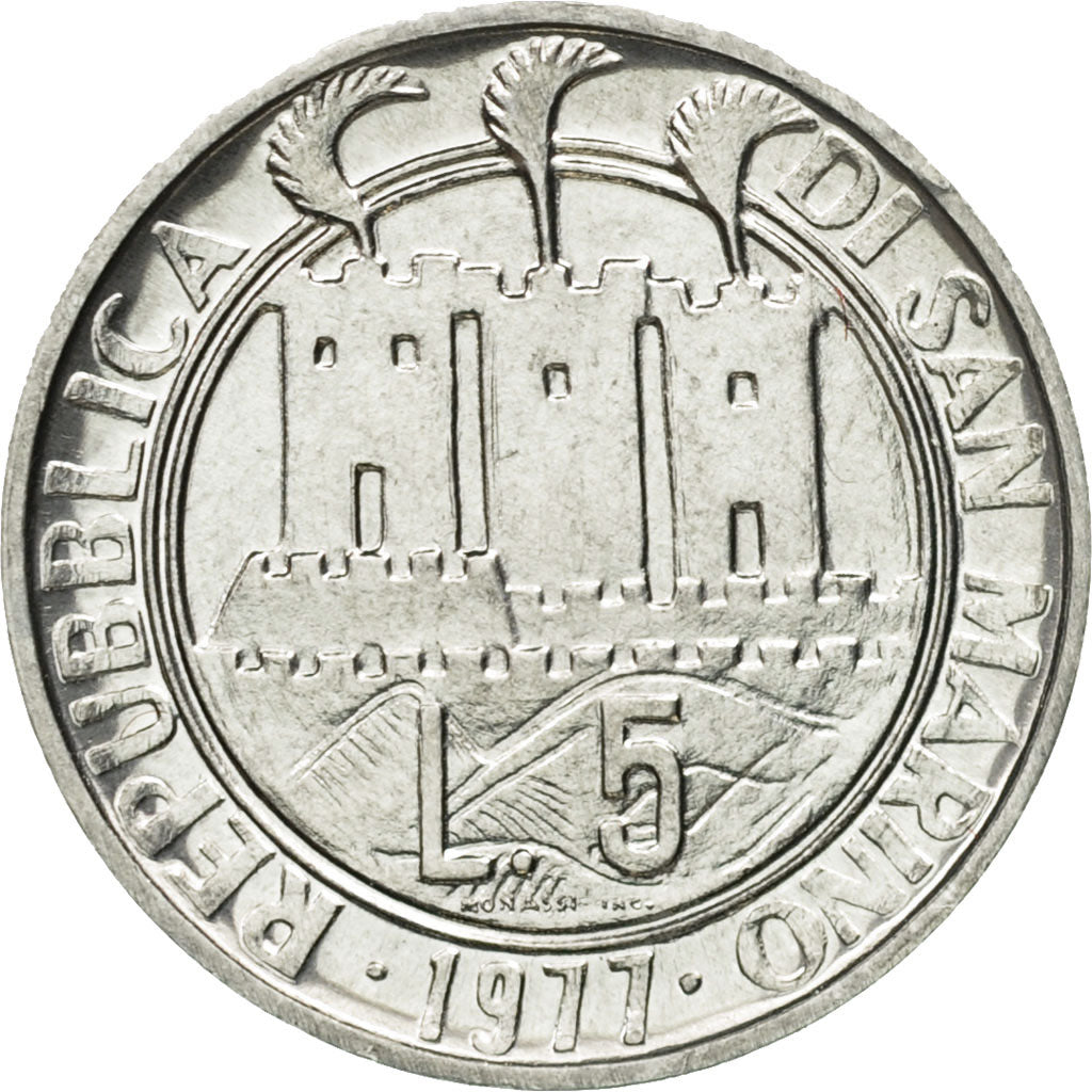 Coin, San Marino, 5 Lire, 1977, Rome, MS(65-70), Aluminum, KM:65