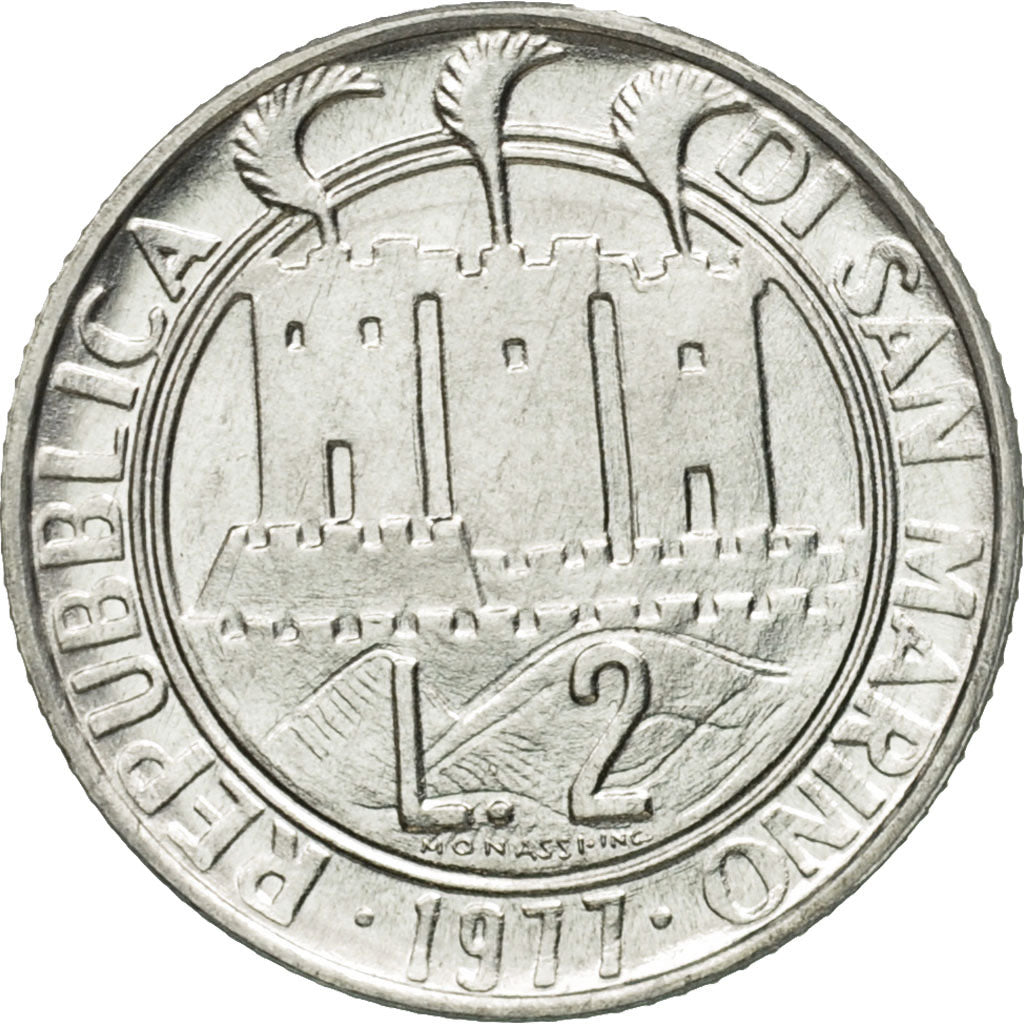 Coin, San Marino, 2 Lire, 1977, Rome, MS(65-70), Aluminum, KM:64