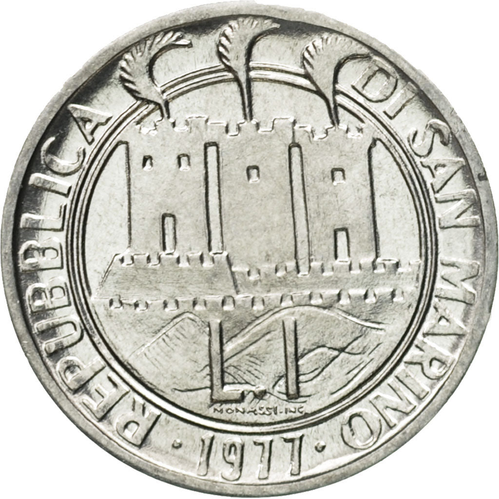 Coin, San Marino, Lira, 1977, Rome, MS(65-70), Aluminum, KM:63