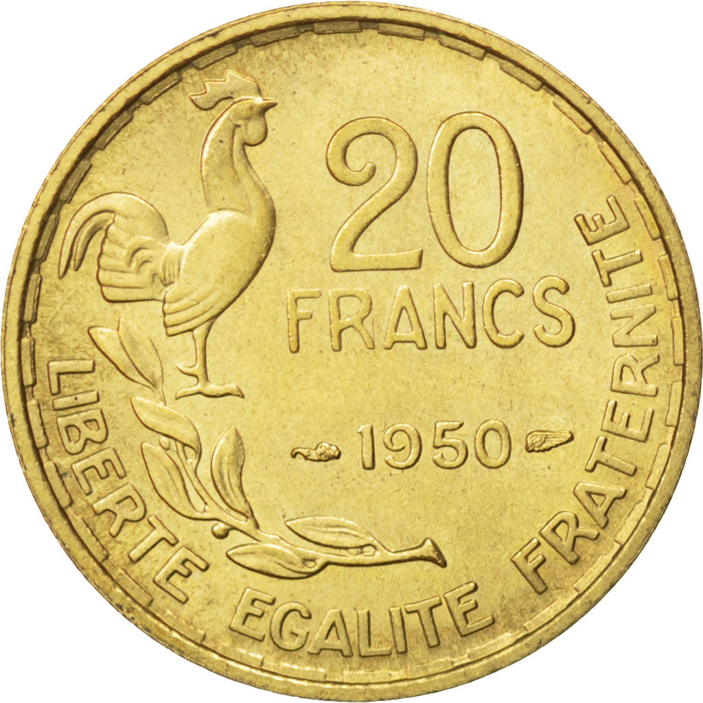 FRANCE, Guiraud, 20 Francs, 1950, Paris, KM #916.1, MS(63), Aluminum-Bronze,...