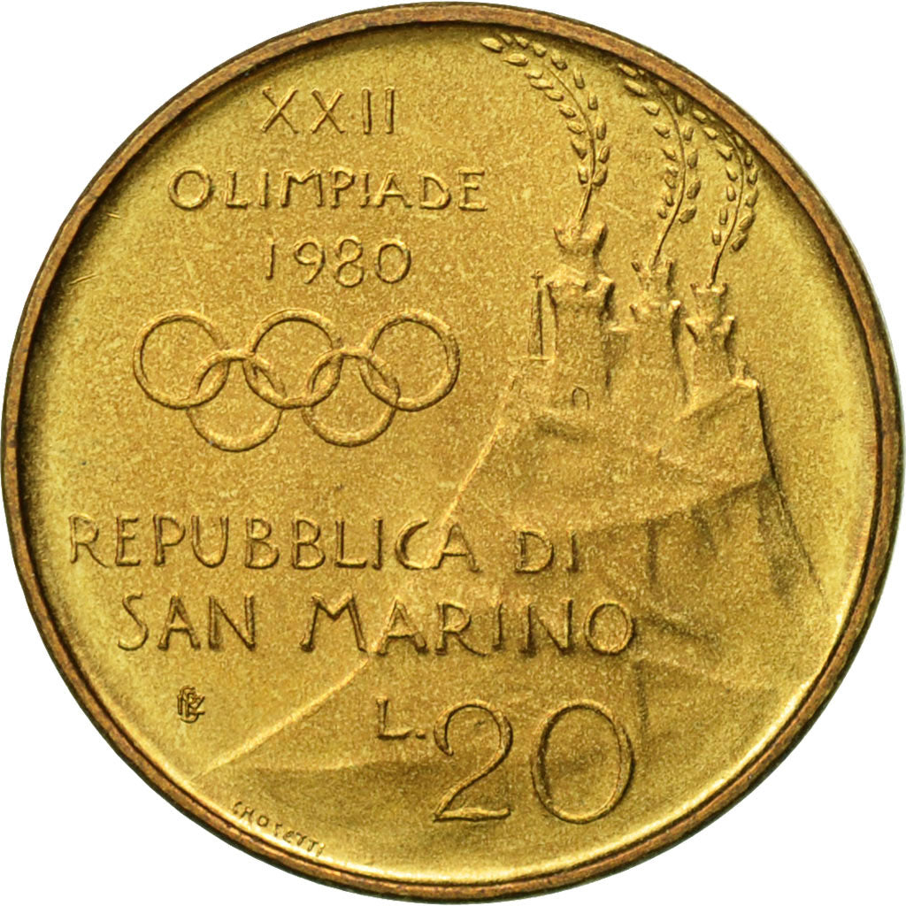 Coin, San Marino, 20 Lire, 1980, Rome, MS(63), Aluminum-Bronze, KM:106