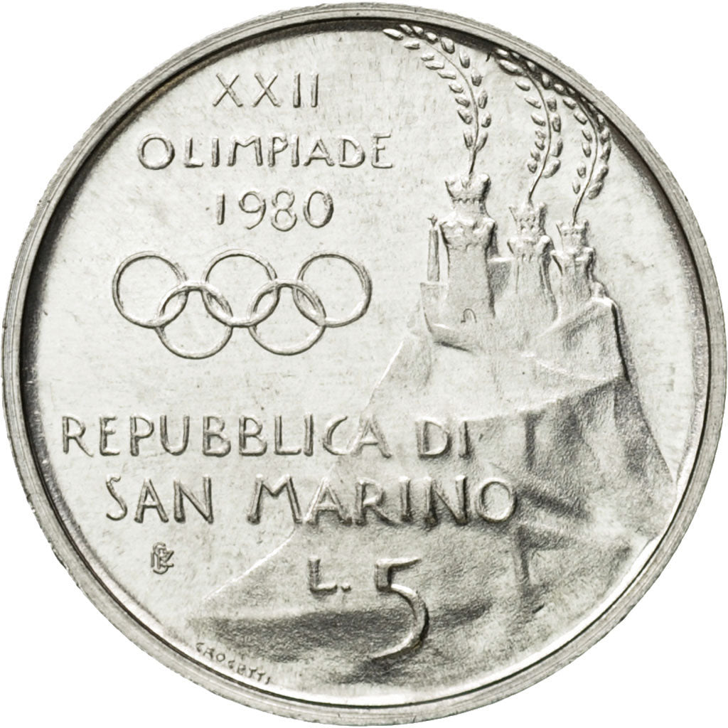 Coin, San Marino, 5 Lire, 1980, Rome, MS(63), Aluminum, KM:104