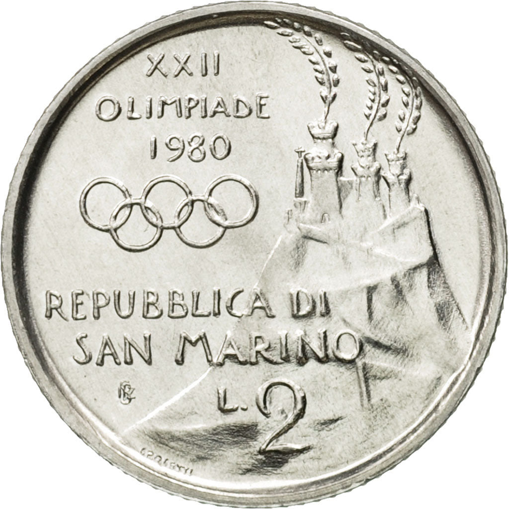 Coin, San Marino, 2 Lire, 1980, Rome, MS(63), Aluminum, KM:103