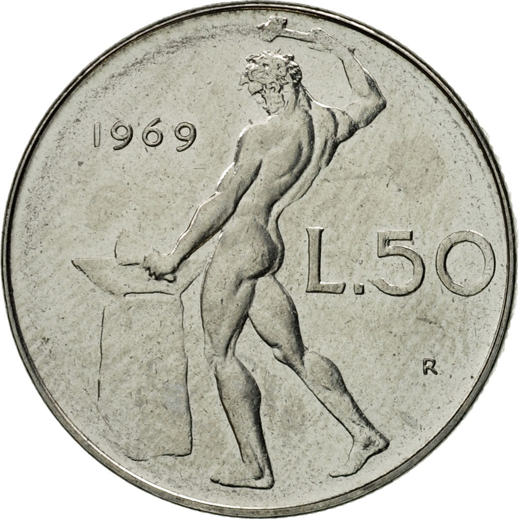 Coin, Italy, 50 Lire, 1969, Rome, MS(65-70), Stainless Steel, KM:95.1
