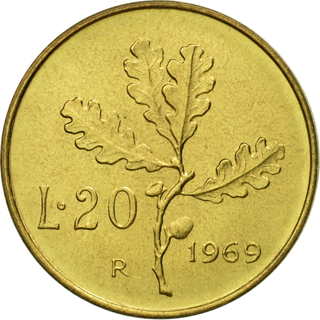 Coin, Italy, 20 Lire, 1969, Rome, MS(65-70), Aluminum-Bronze, KM:97.2